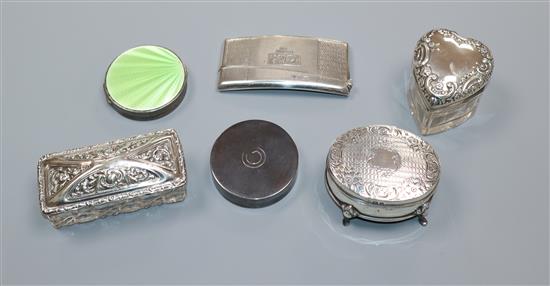 A late Victorian silver card case, a 1930s silver and enamel compact and four other silver boxes including Edwardian trinket box.